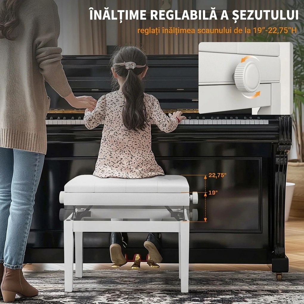 Scaun de Pian HOMCOM Reglabil cu Compartiment de Depozitare și Scaun Imbunătățit, 54.5x33x48-58 cm, Alb | Aosom Romania
