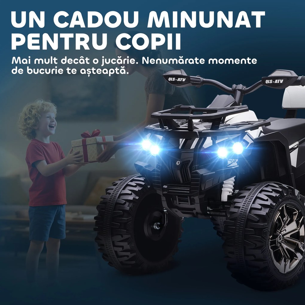 HOMCOM Quad Electric pentru Copii 3-5 Ani 12V, 3-8km/h Mini Quad pentru Copii cu 2 Motoare, Muzică, MP3, Conector USB, Card TF, Faruri și Pedală, Alb | Aosom Romania
