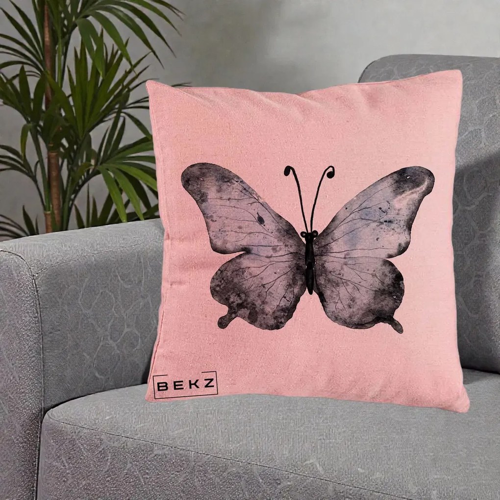 Perna Decorativa Fluture Acuarela Albastru-Gri, 40x40 cm, Roz, Husa Detasabila, Perna Inclusa, BEKZ®