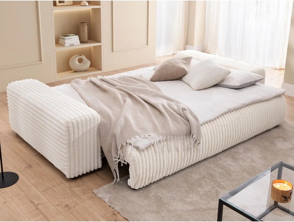 Canapea crem extensibilă/cu spațiu de depozitare cu tapițerie din catifea reiată 260 cm Justin – Ropez