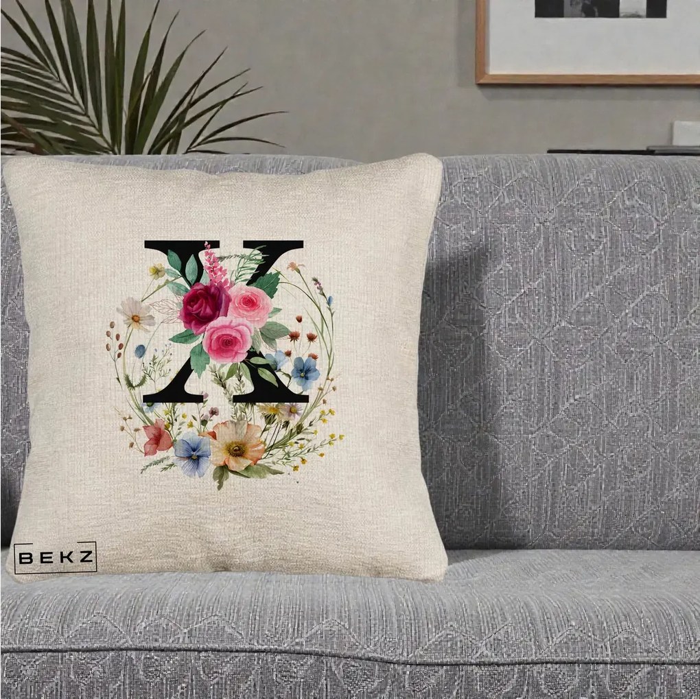 Cadou Personalizat - Perna Personalizata Monograma Florala Litera X cu Coroana, 40x40 cm, Bej Canapea, Husa Detasabila, Perna Inclusa, BEKZ®