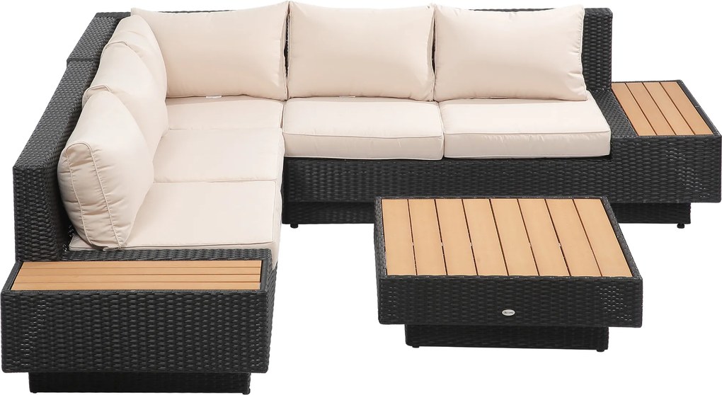 Outsunny Set Salon de Gradina 4 Piese din Ratan, Canapea de Exterior Coltar cu Perne, Masute Laterale si Masa de Cafea, Negru | AOSOM RO