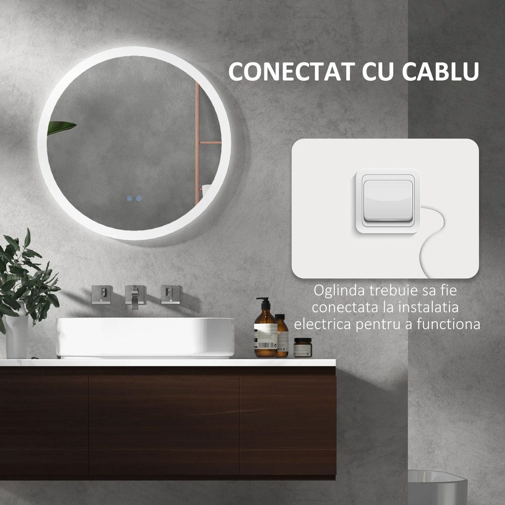 kleankin Oglindă de Baie cu Lumină LED Reglabilă, Întrerupător Tactil, și Funcție de Memorie, Ø60x3 cm, Transparent | Aosom Romania