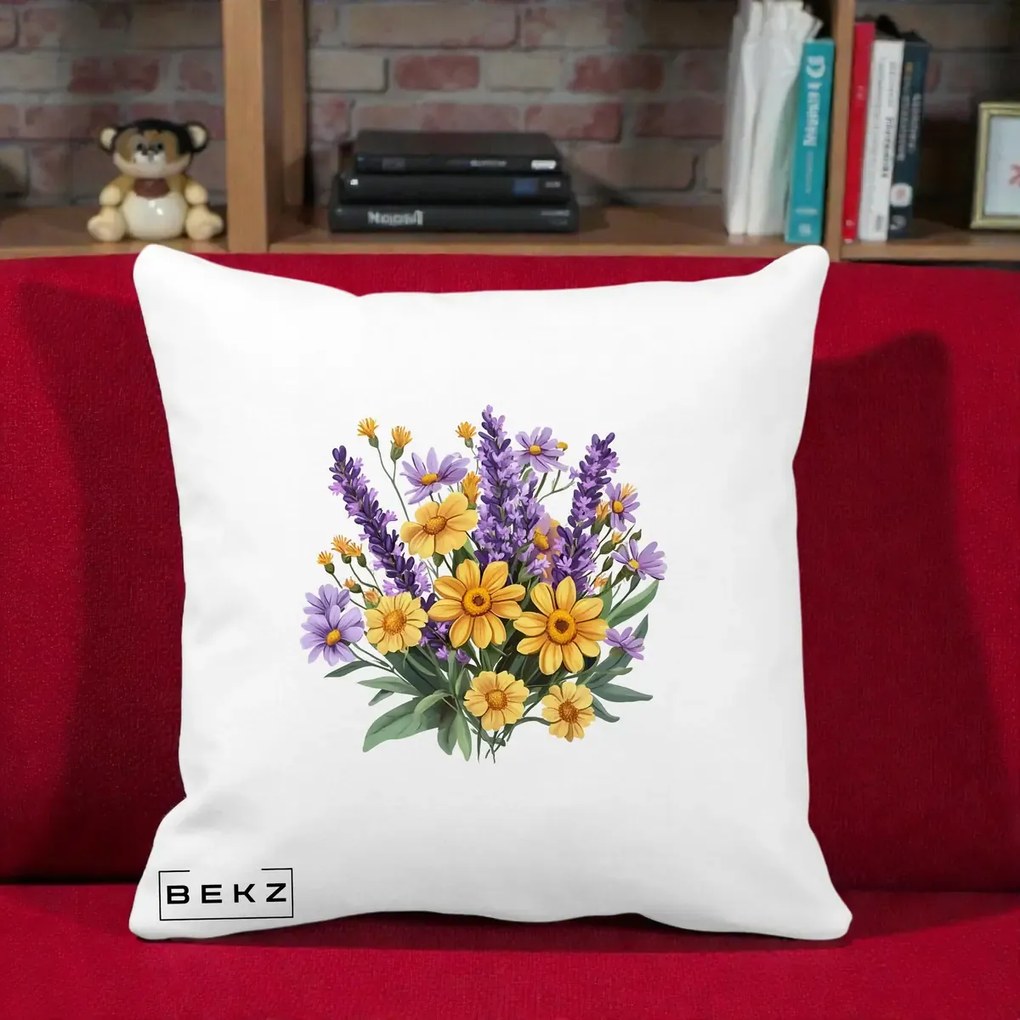 Perna Decorativa Lavanda cu Margarete Galbene si Lila, 40x40 cm, Alba Mata, Husa Detasabila, Perna Inclusa, BEKZ®