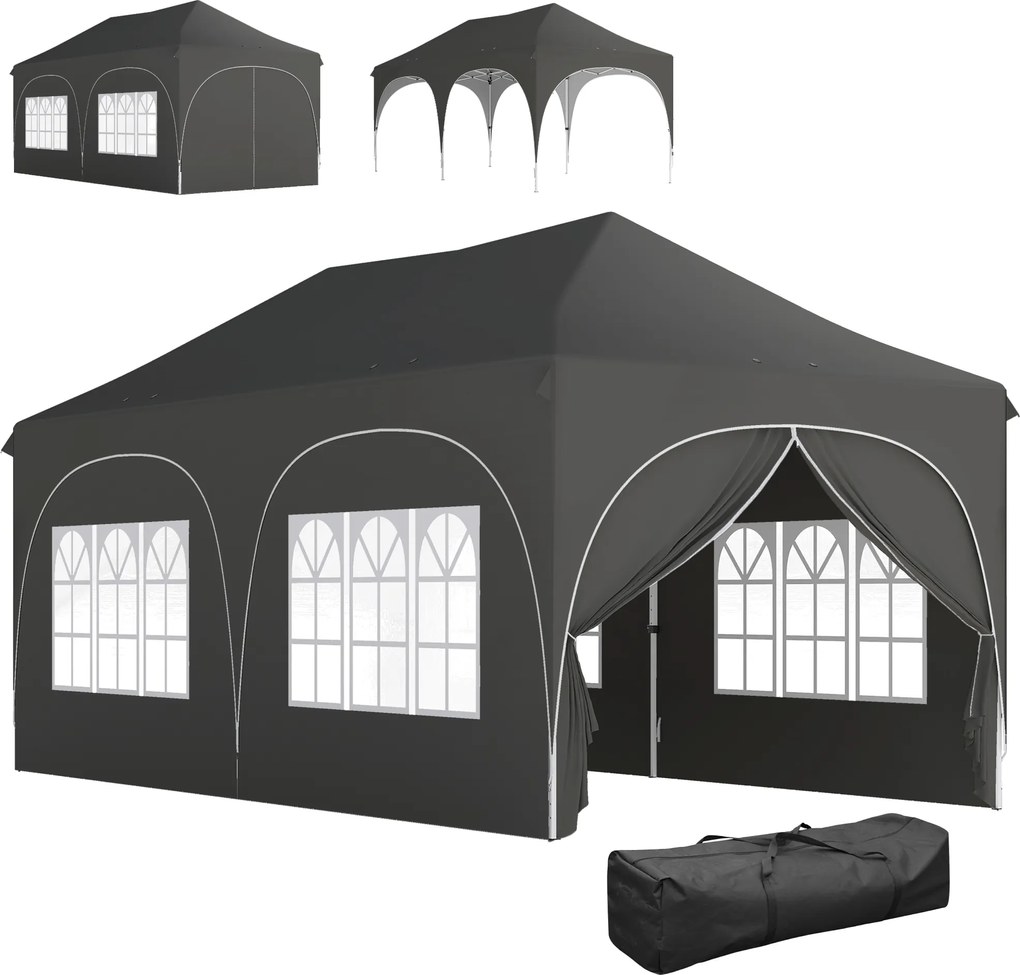 Outsunny Cort Pliabil 600x300 cm Pop-up cu 4 Laterale Detașabile Înălțime Reglabilă și Husă de Transport Gri închis | Aosom Romania