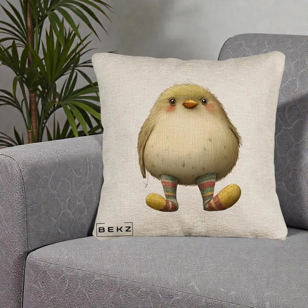 Perna Decorativa Pui Pufos cu Sosete Dungate, 40x40 cm, Bej Canapea, Husa Detasabila, Perna Inclusa, BEKZ®