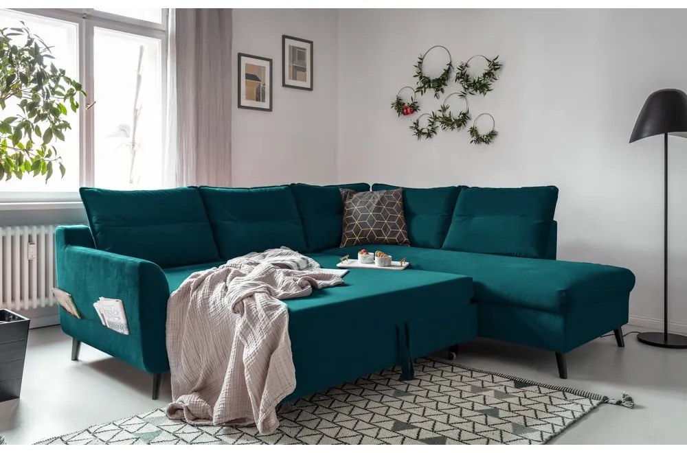 Colțar extensibil din catifea cu șezlong pe partea dreaptă Miuform Stylish Stan L, turcoaz