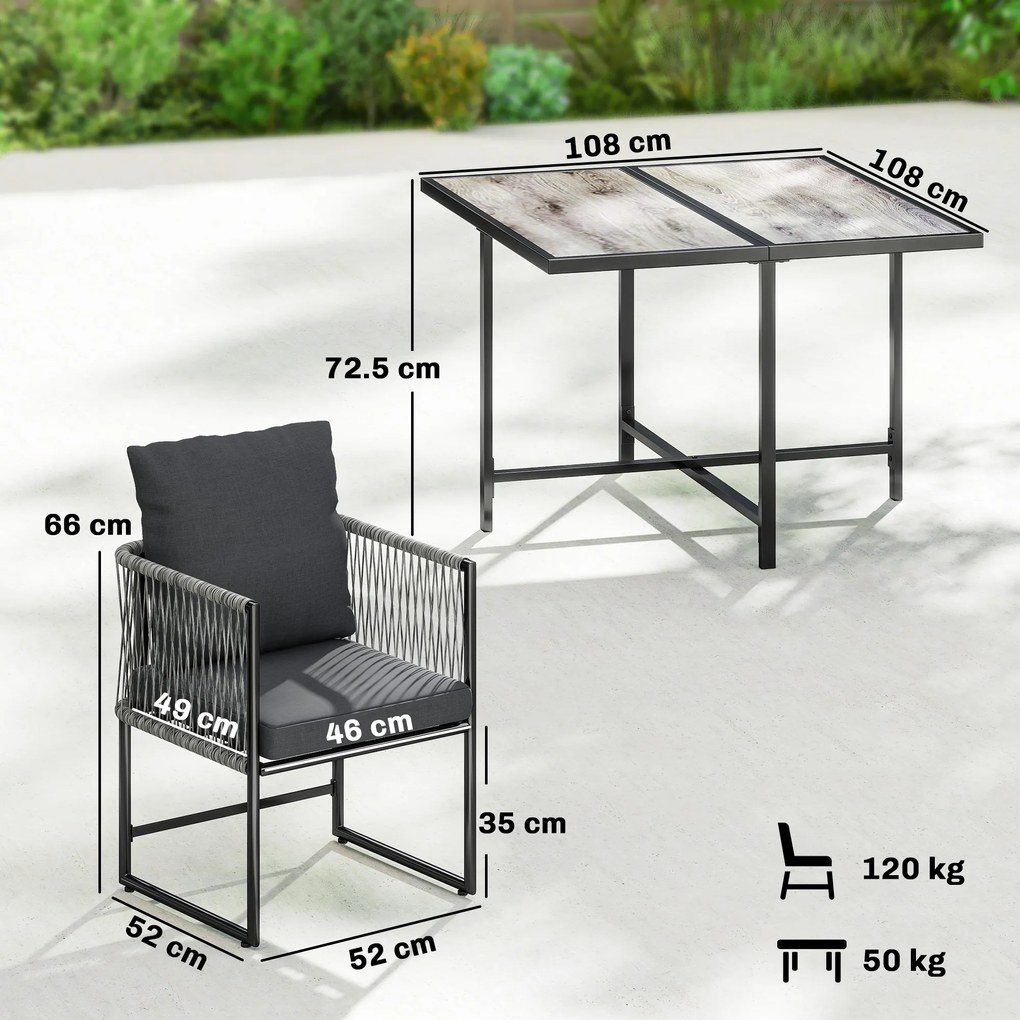 Outsunny Set mobilier grădină din polyrattan 5 piese, economisire de spațiu, set cu masă și 4 scaune, blat DPC, perne, gri | Aosom Romania