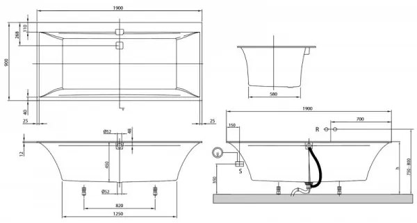 Cada dreptunghiulara, Villeroy&amp;Boch Squaro Edge 12, compozit Quaryl, 190x90cm, Alb Alpin, UBQ190SQE2DV-01