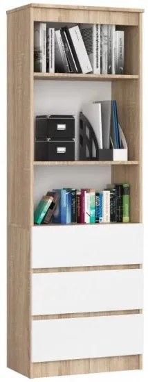 Biblioteca, placa laminata, 3 sertare, 3 rafturi, stejar si alb, 60x35x180 cm