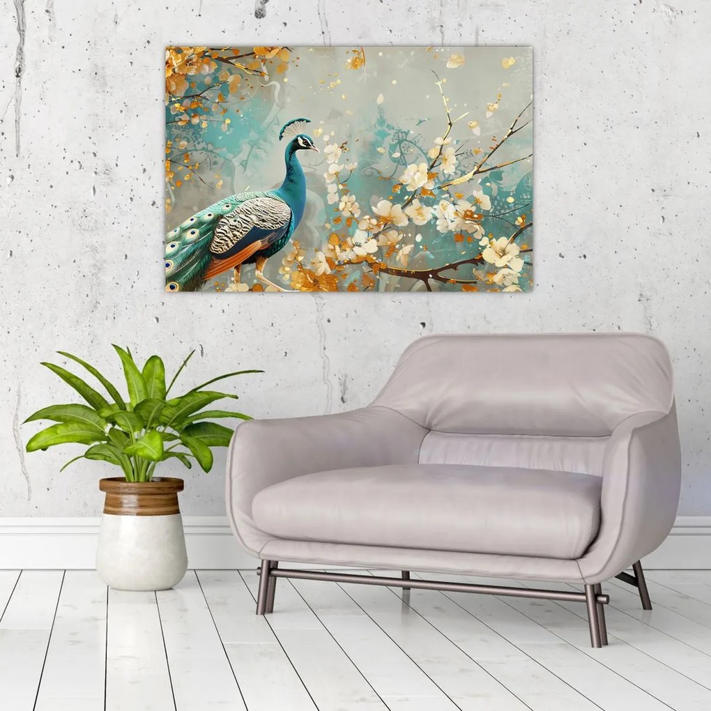 Tablou - Păun cu decor de aur (90x60 cm)