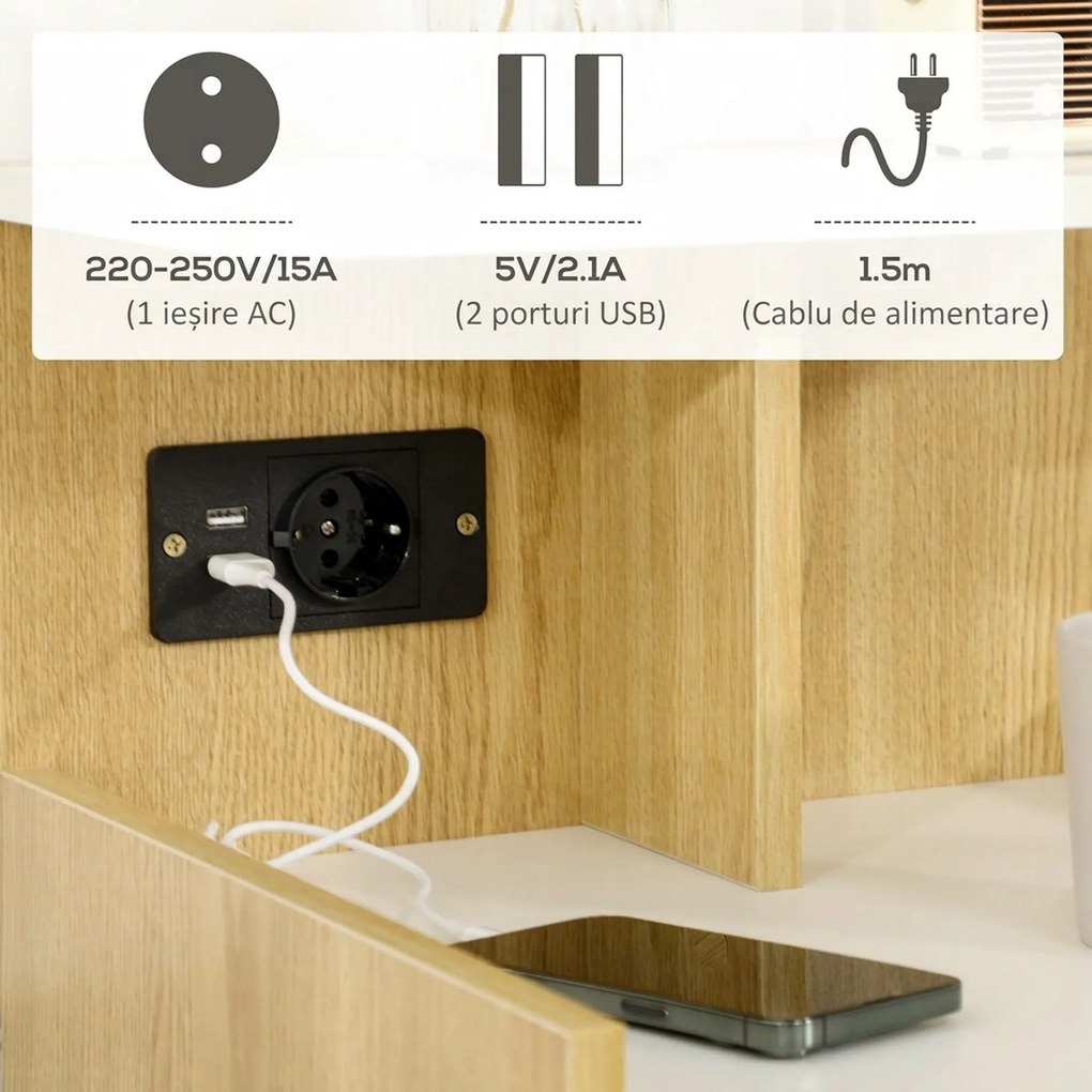 HOMCOM Noptieră Modernă cu Prize USB și Sertar, 40x40x60cm, Lemn Natural | Aosom Romania