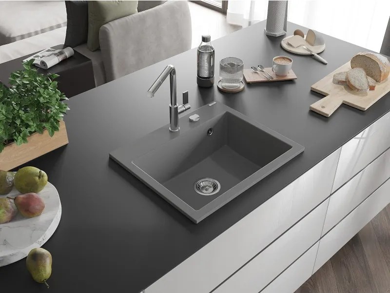 Mexen Oscar chiuvetă de bucătărie din granit cu 1 cuvă 580 x 490 mm, gri, sifon crom - 6519581000-71
