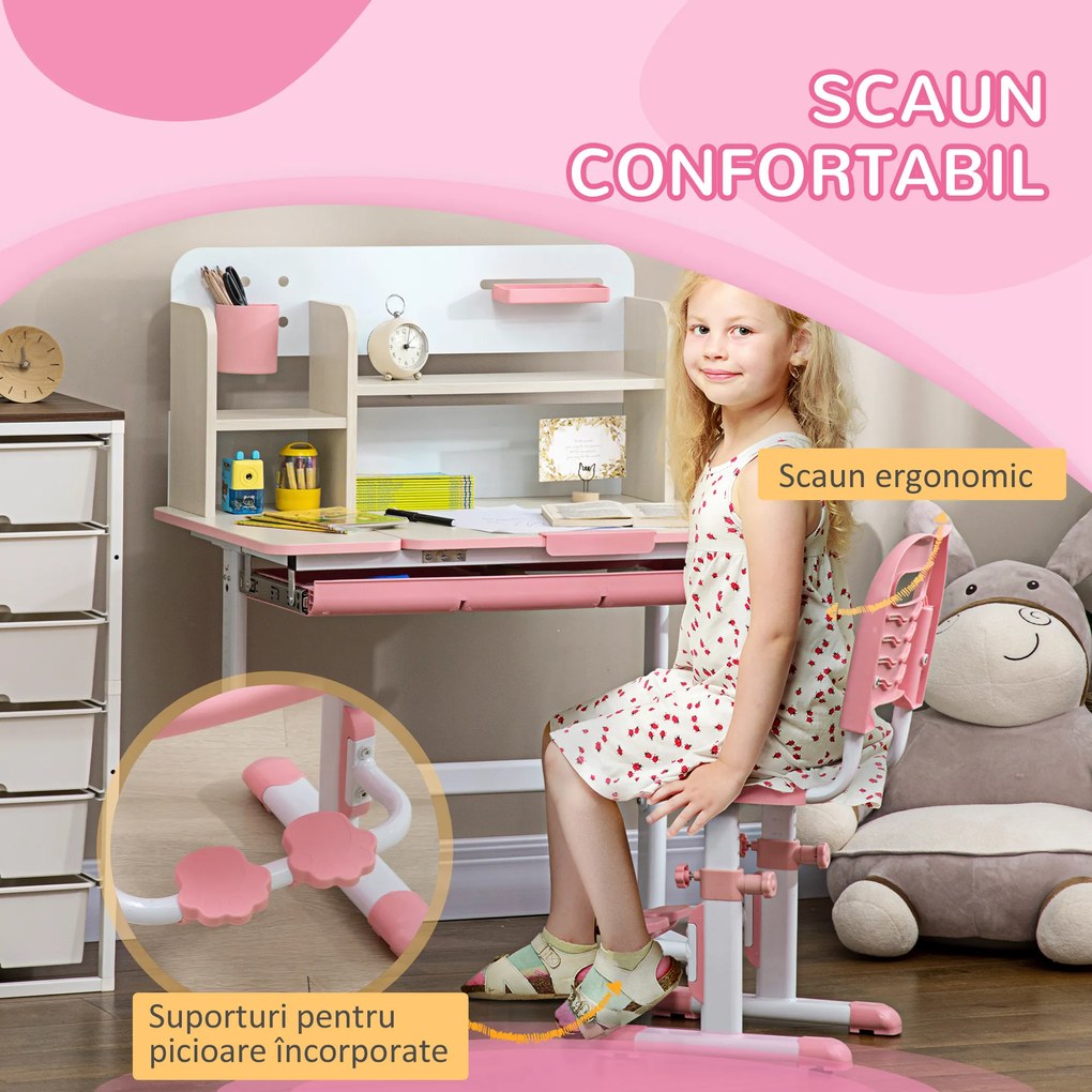 HOMCOM Set de Birou și Scaun pentru Copii de la 3 Ani Reglabil, Masă Inclinabilă 60° cu Sertar și Rafturi, Roz | Aosom Romania