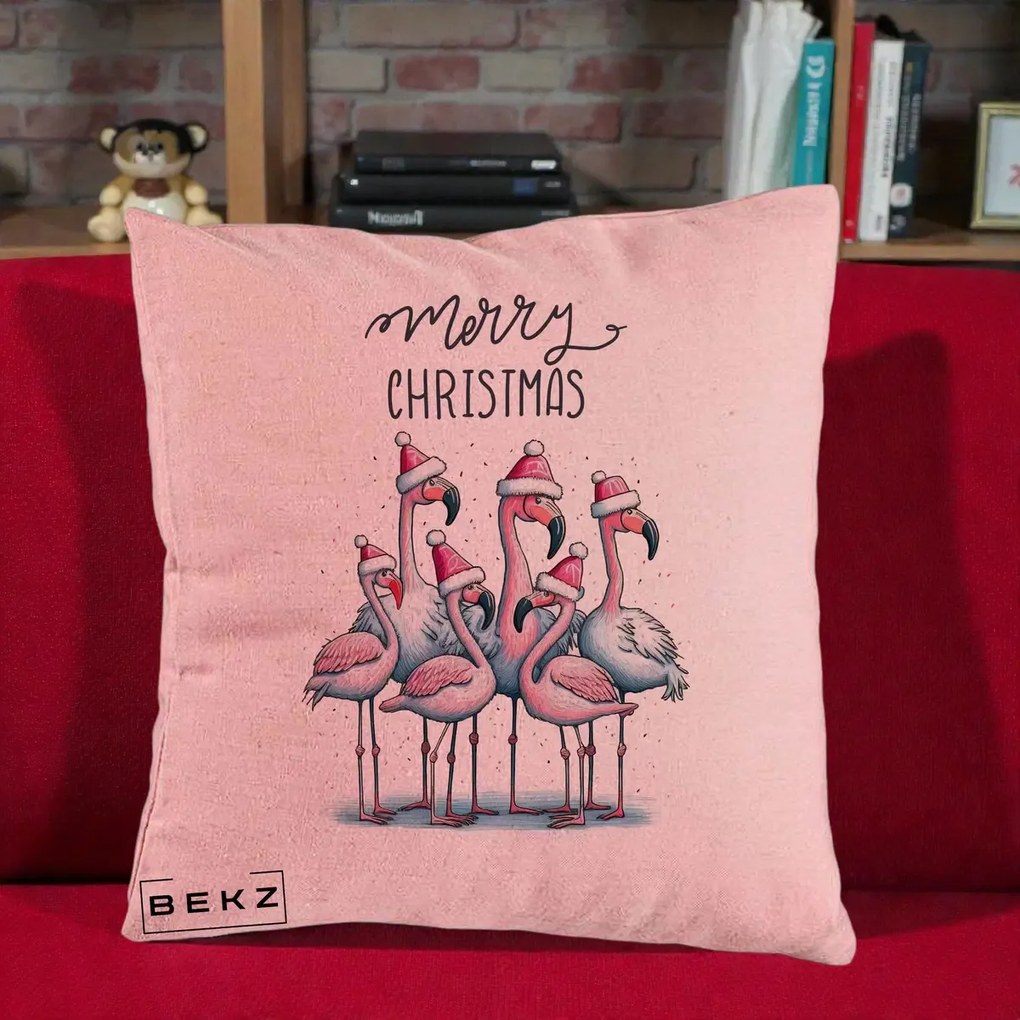 Perna Decorativa Flamingo Merry Christmas, 40x40 cm, Roz, Husa Detasabila, Perna Inclusa, BEKZ®