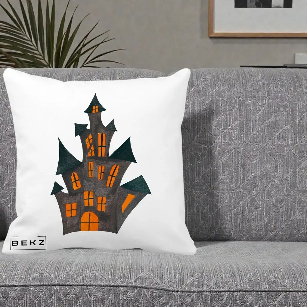 Perna Decorativa Halloween Casa Bantuita Minimalista, 40x40 cm, Alba Mata, Husa Detasabila, Perna Inclusa, BEKZ®