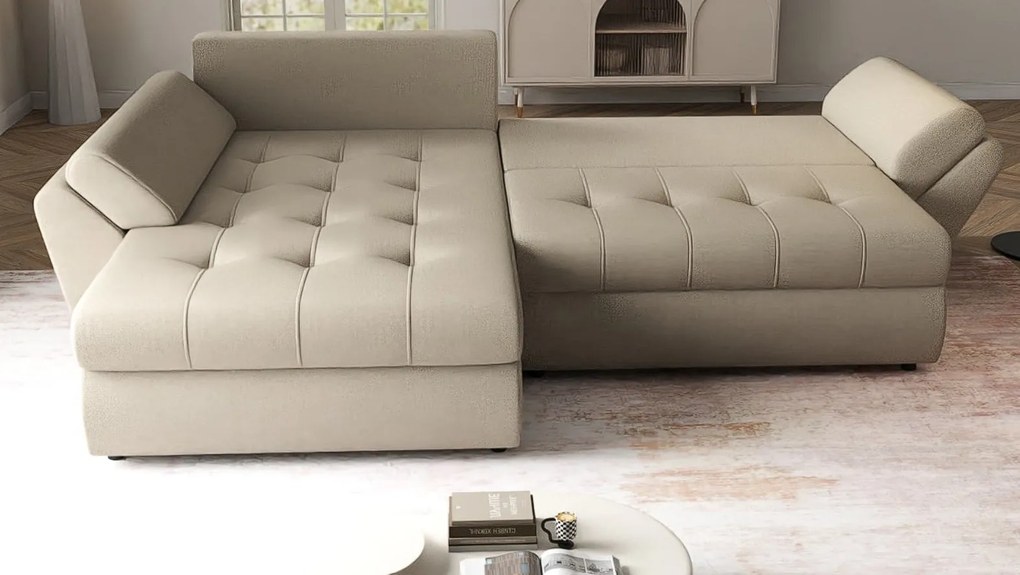 Colțar extensibil dumonde cu ladă de depozitare si sezut confortabil din spuma high-density, Loana Enjoy Camel 270x185 cm