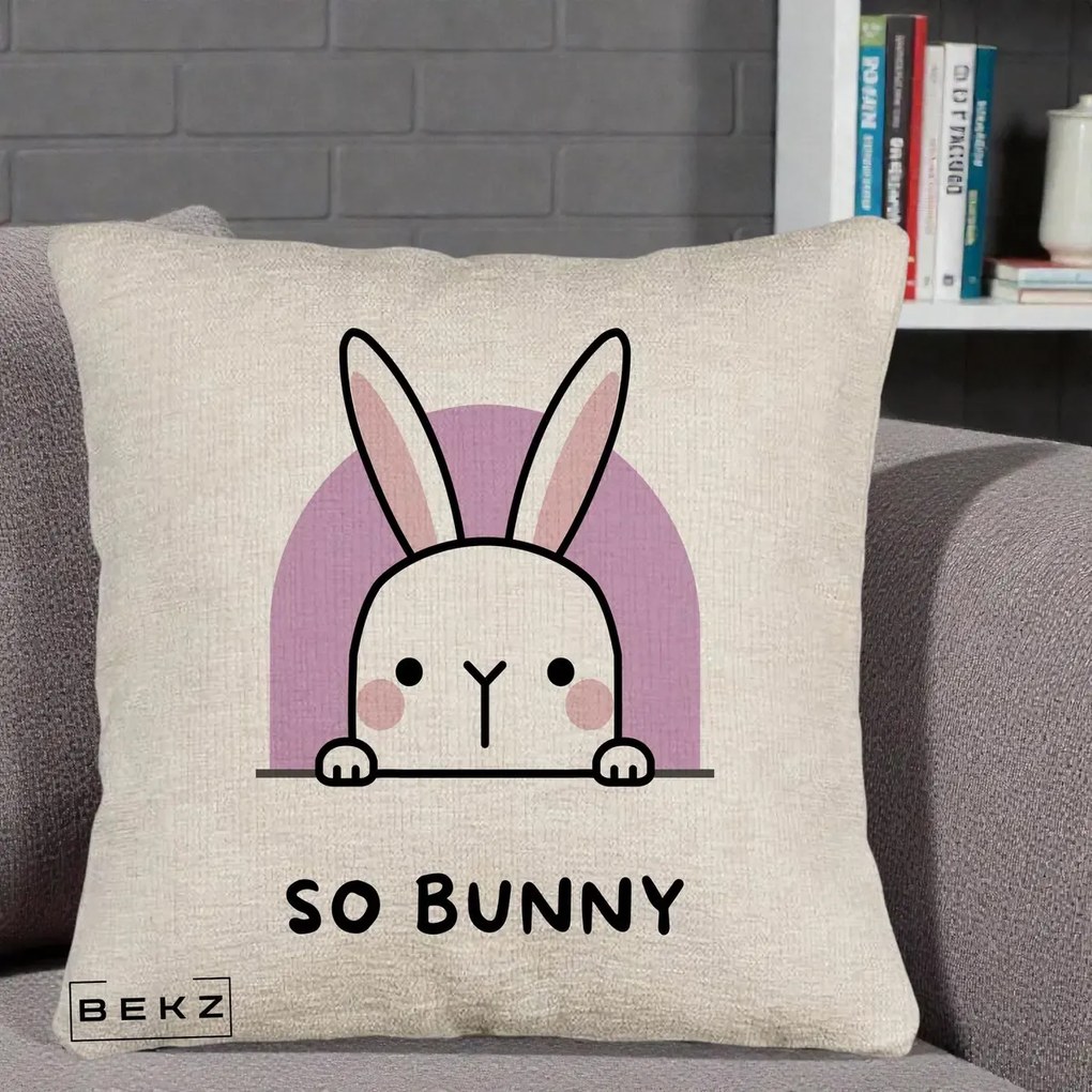 Perna Decorativa So Bunny Kawaii, 40x40 cm, Bej Canapea, Husa Detasabila, Perna Inclusa, BEKZ®
