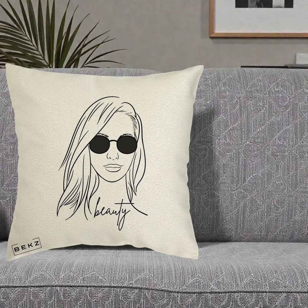 Perna Decorativa Beauty Girl Line Art, 40x40 cm, Ecru, Husa Detasabila, Perna Inclusa, BEKZ®