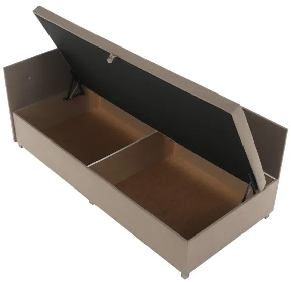 Pat tapițat AMSTERDAM 90x200 cm, cu tăblie reversibilă și spațiu de depozitare, bej