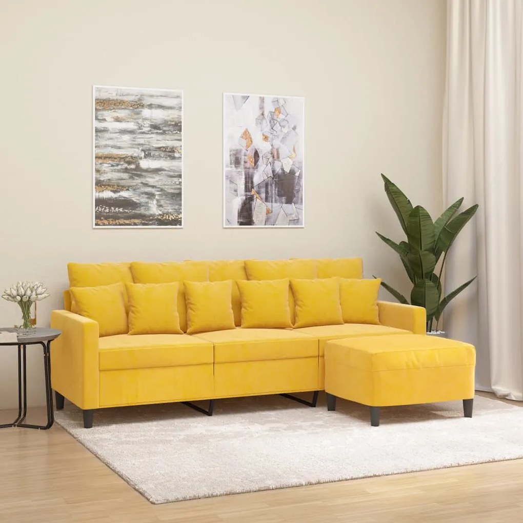 3153477 vidaXL Canapea cu 3 locuri și taburet, galben deschis, 180 cm, catifea