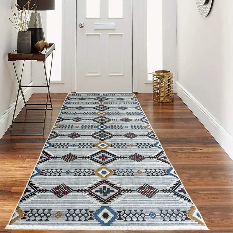 Traversa hol antiderapanta, 80x300 cm, poliester, gri deschis, model etnic