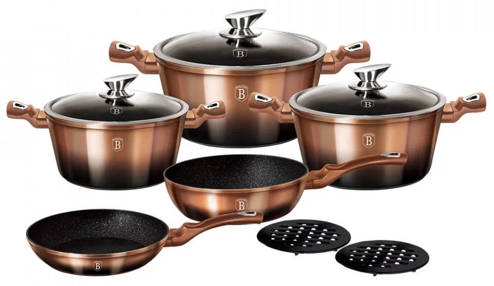 Set oale si tigai marmorate (10 piese) din aluminiu forjat Rose Gold (Cupru) Noir Metalic Line Berlinger Haus BH 1899N