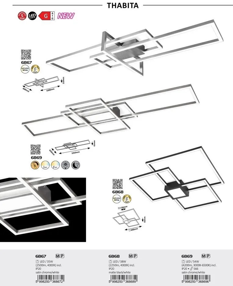 Plafoniera LED design modern Thabita alb, crom satin