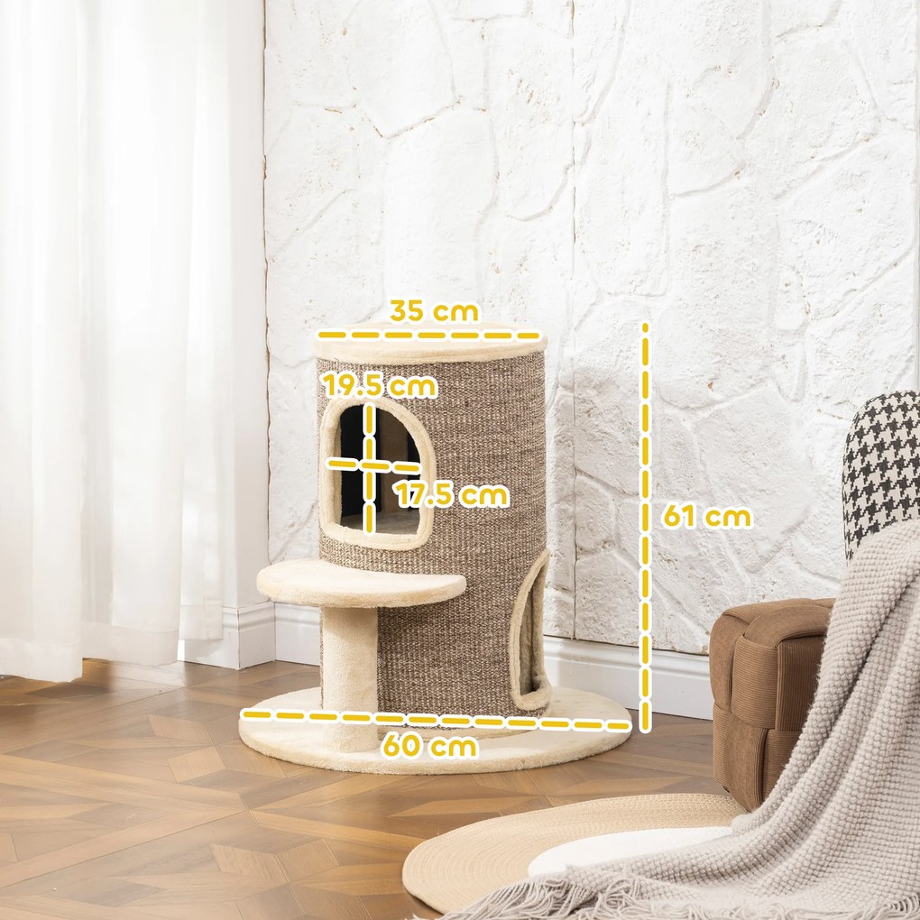 PawHut Butoi pentru pisici, copac zgârietor cu 2 niveluri, platformă de salt, punct de observație, covoraș de zgâriat, pentru odihnă și joacă, bej | Aosom Romania