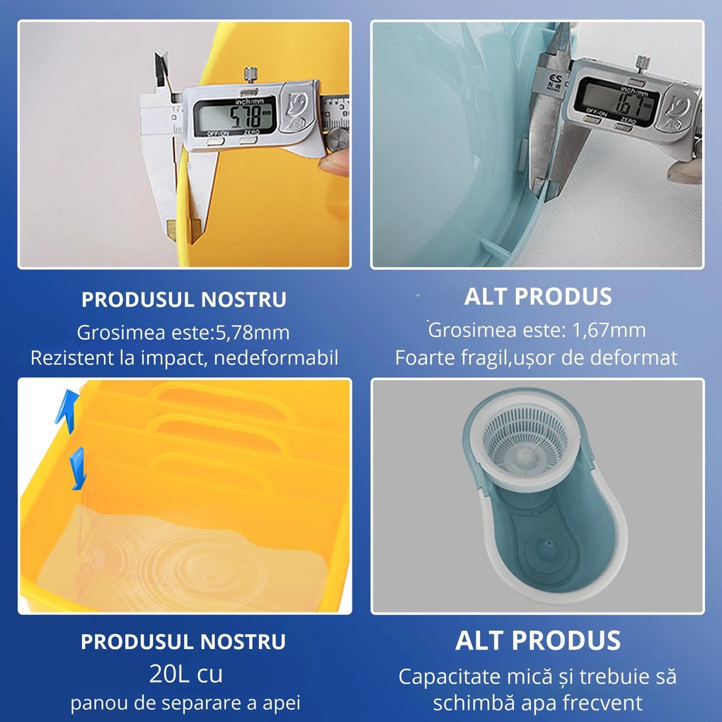 HOMCOM Cărucior Găleată cu Separator de Apă și Storcător Detașabil din PP, 63x27x67 cm, Galben | Aosom Romania