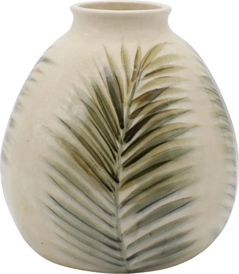 Vază decorativă din ceramică artizanală albă glazurată, pictată manual cu frunze de palmier, 23x23 cm, „Tropique"