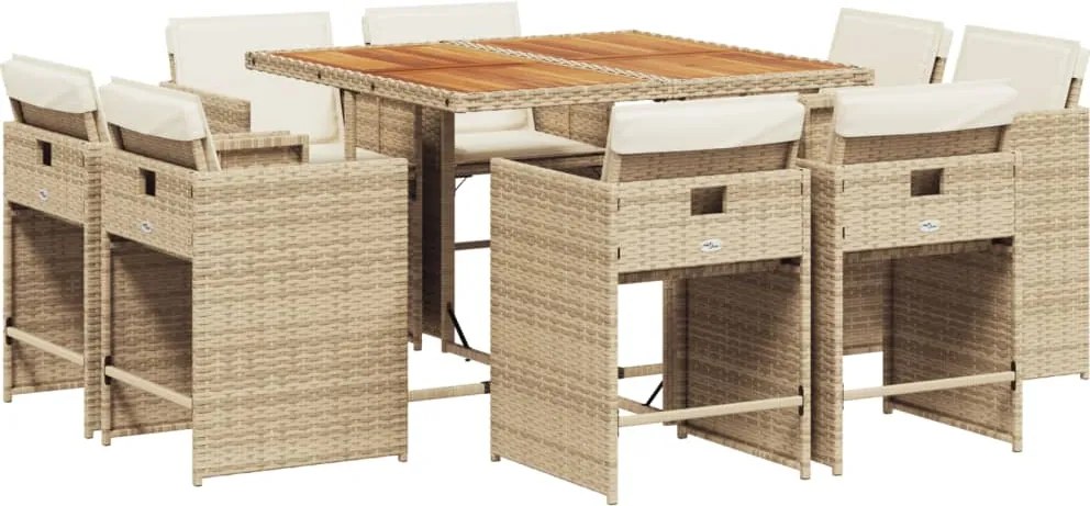 vidaXL Set de masă pentru grădină, 9 piese, cu perne, bej, poliratan