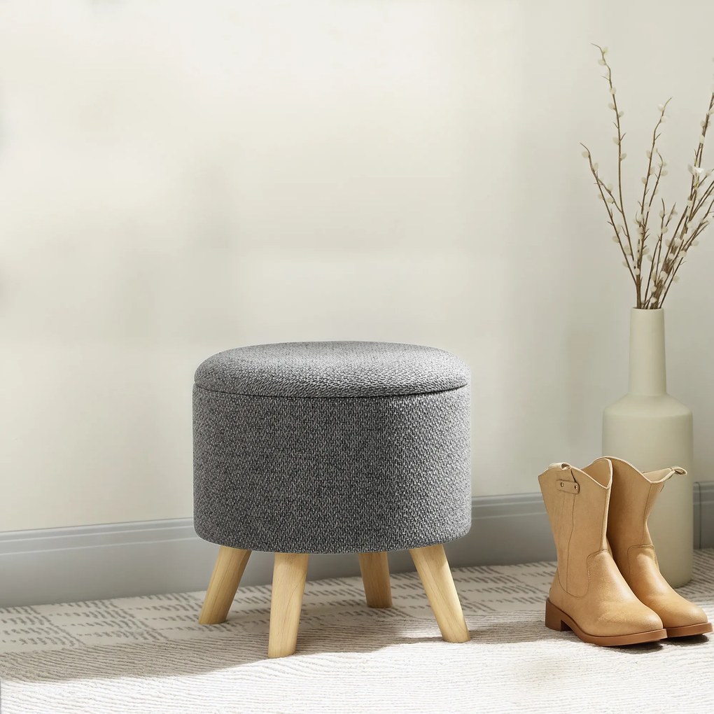 HOMCOM Pouf rotund picior de odihnă taburet cu depozitare picioare din lemn design modern gri | Aosom Romania