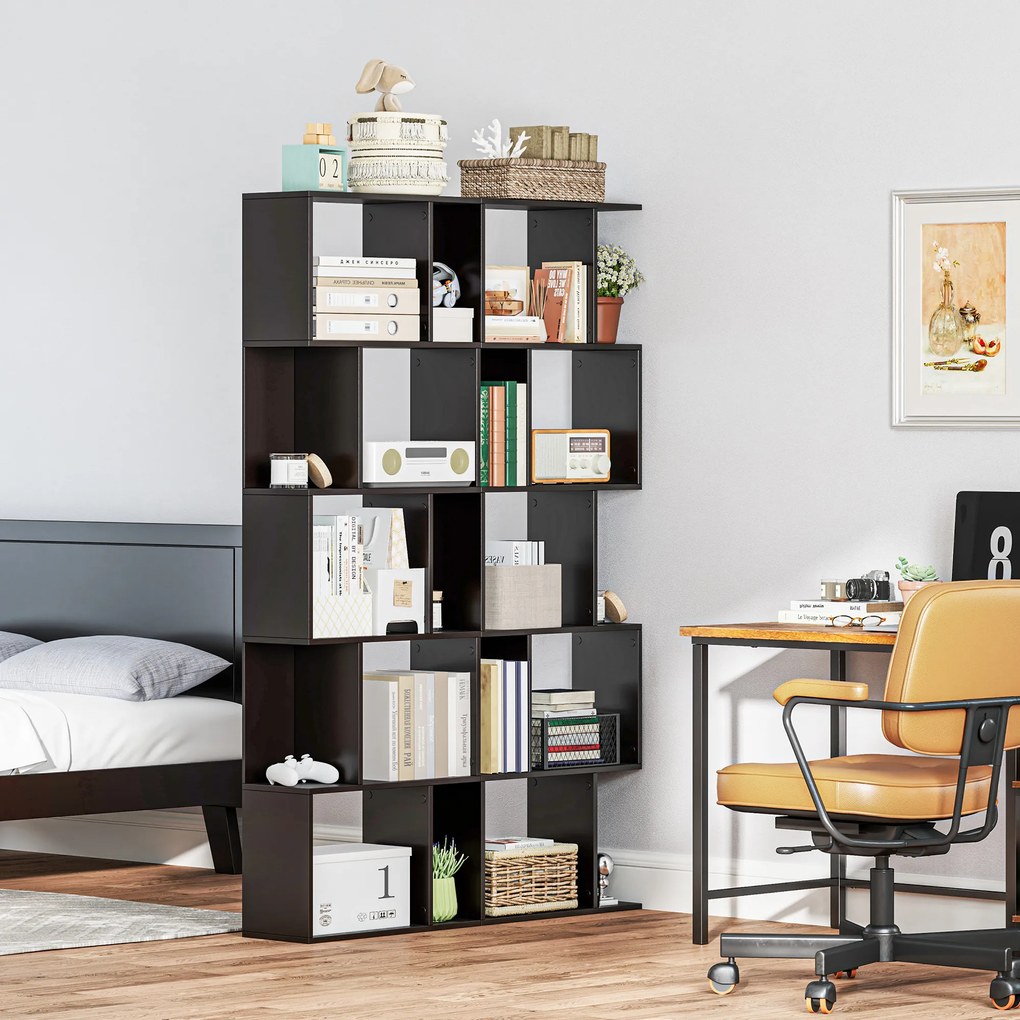 HOMCOM Bibliotecă cu 5 Rafturi Divizate în Formă de S din Lemn, 60x24x184.5 cm, Negru | Aosom Romania