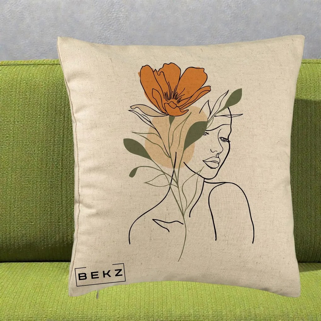 Perna Decorativa Portret Feminin Floare Portocalie, 40x40 cm, Bej, Husa Detasabila, Perna Inclusa, BEKZ®