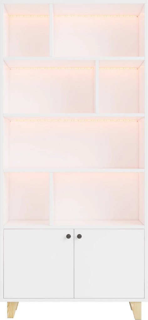 Bibliotecă cu iluminare ambientală LED cu schimbare de culoare, uși duble și mai multe rafturi, 80x30x173 cm, Alb