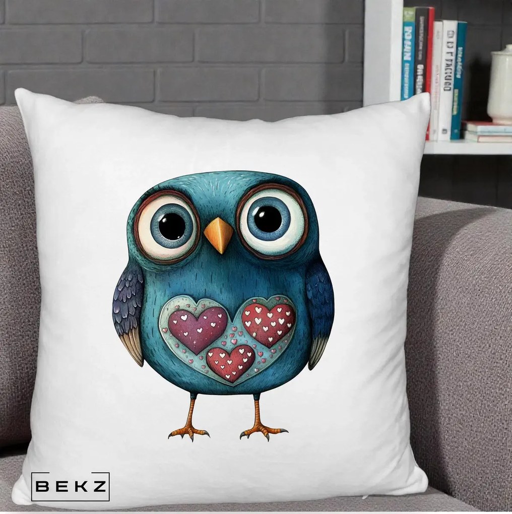 Perna Decorativa Bufnita Teal cu Doua Inimi, 40x40 cm, Alb Pufos, Husa Detasabila, Perna Inclusa, BEKZ®
