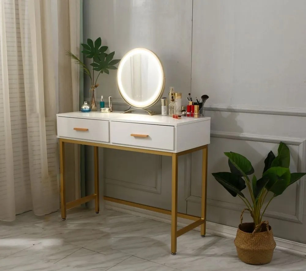 Set Iasmina, Masă de toaletă pentru machiaj cu scaun, oglindă iluminată LED, control touch, 2 sertare, Alb
