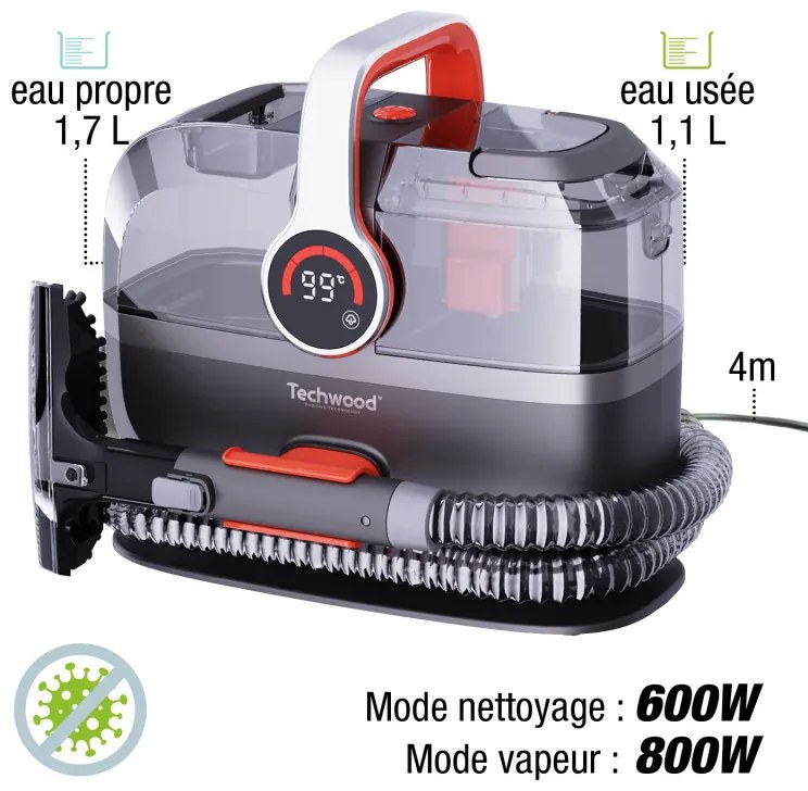 Aparat multifunctional cu aburi si aspirator Techwood TAN-7055V, 600/800W, Rezervor de apa curata si reziduala, 3 moduri, Afisaj digital, Gri/Portocaliu