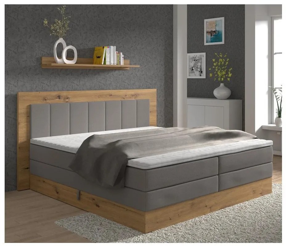 Pat boxspring JASMINE 180x200 cm, cu saltele și topper, cu spațiu de depozitare, gri