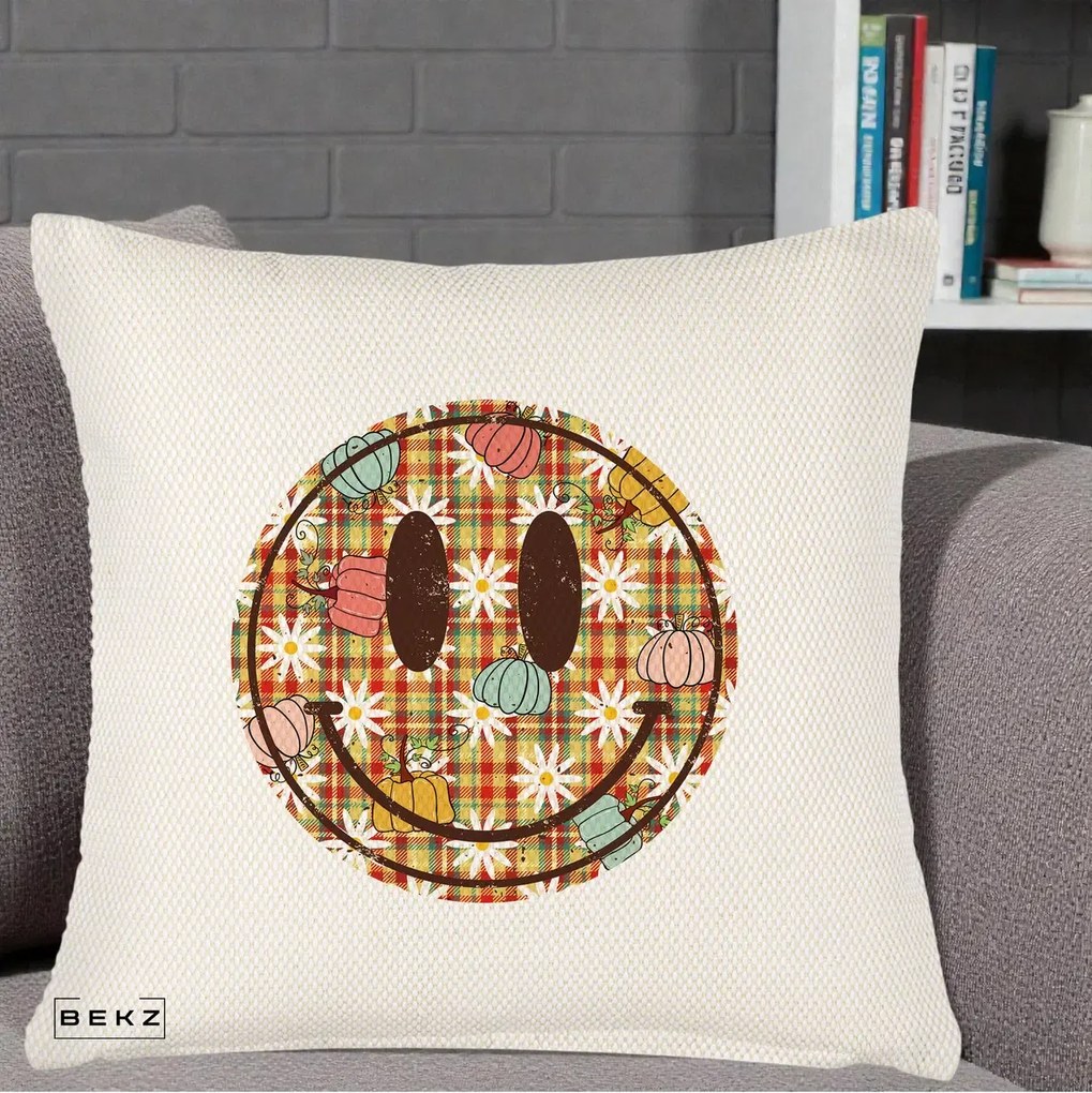 Perna Decorativa Smiley Face de Toamna cu Tartan si Dovlecei, 40x40 cm, Crem Reliefat, Husa Detasabila, Perna Inclusa, BEKZ®