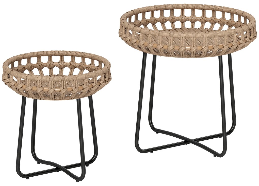 Outsunny Set de 2 mese de cafea din poliratan Ø60/41 cm rotunde rezistente la intemperii, masă de grădină cu picioare X reglabile, maro | Aosom Romania
