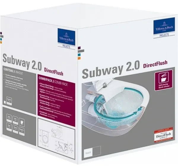 Pachet vas WC rimless suspendat + bideu suspendat, Villeroy&Boch Subway 2.0, DirectFlush, cu capac WC inchidere lenta