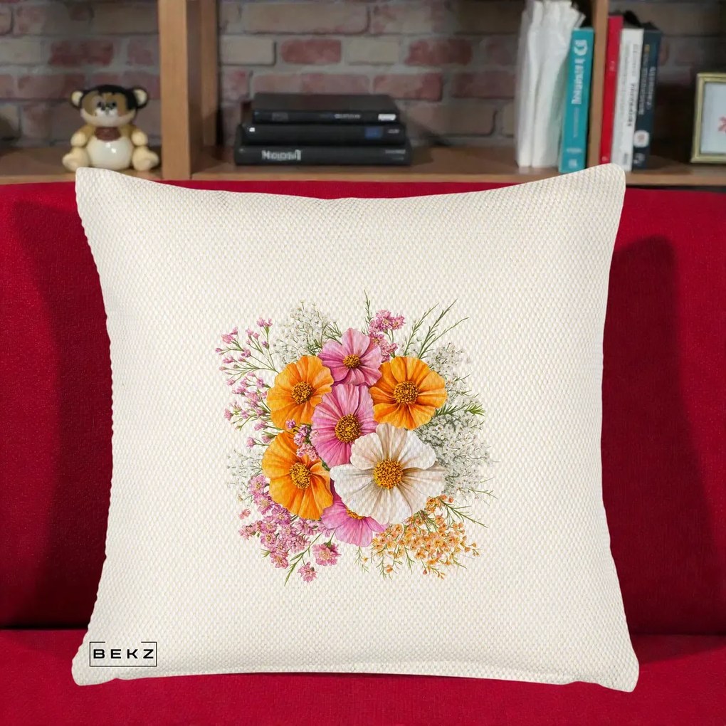 Perna Decorativa Buchet Cosmos Portocaliu Roz si Alb, 40x40 cm, Crem Reliefat, Husa Detasabila, Perna Inclusa, BEKZ®