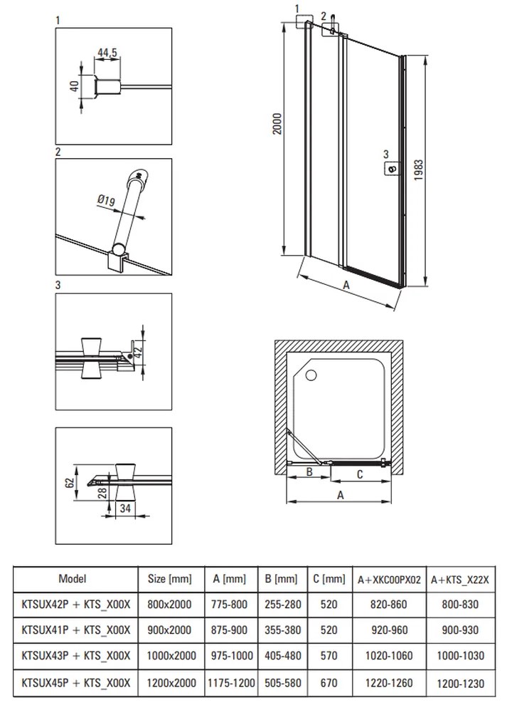 Usa sticla dus batanta 120x200 cm profil crom Deante Kerria Plus 1200x2000 mm, Crom lucios