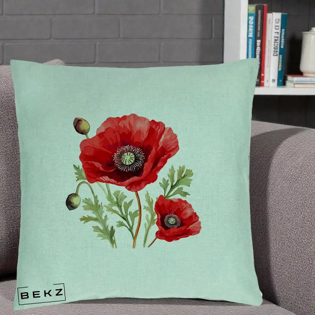 Perna Decorativa Maci Rosii Acuarela, 40x40 cm, Verde Menta, Husa Detasabila, Perna Inclusa, BEKZ®