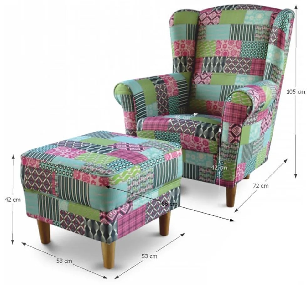 Fotoliu cu taburet, material textil în stilul patchwork M1, ASTRID