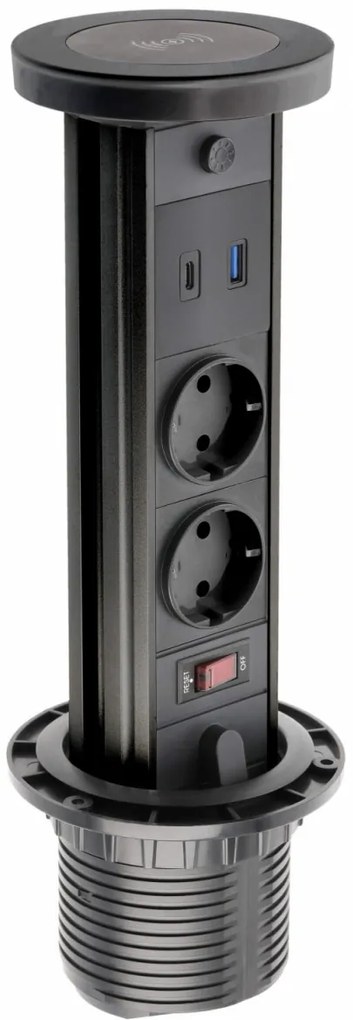 Priza incorporabila turn, 2 prize schuko, USB A+C, incarcare Wireless 10 W, lumina de veghe, cablu 1.5 m, neagra, GTV