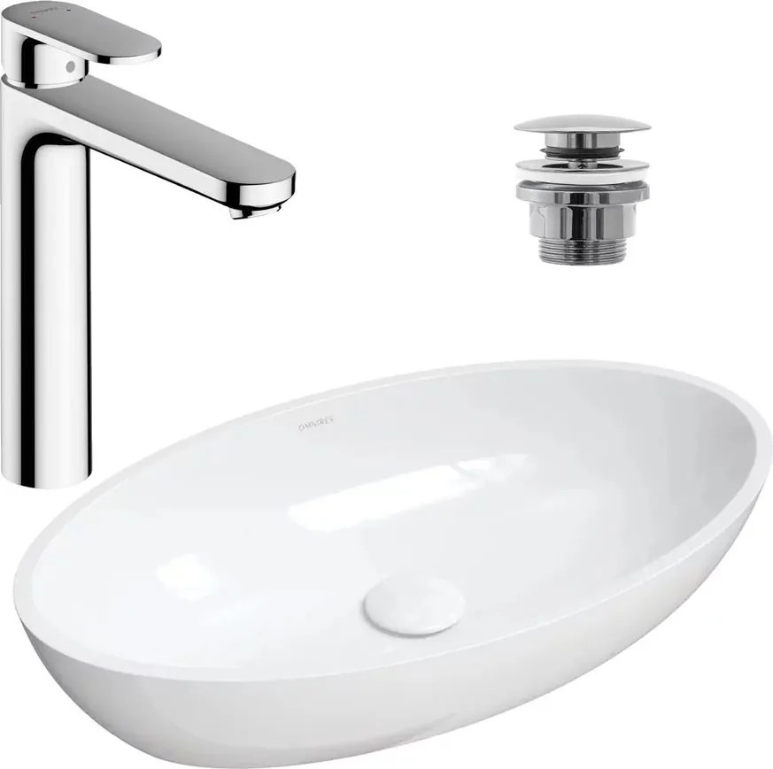 Pachet lavoar pe blat Omnires Siena M+ alb 60 cm, baterie lavoar Hansgrohe Vernis Blend crom si ventil lavoar Click-Clack crom