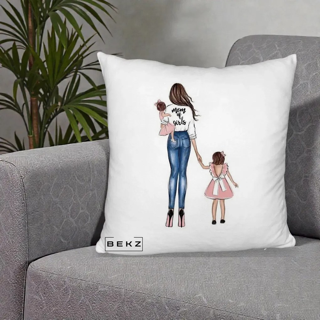 Cadou pentru Mama - Perna Personalizata Mom of Girls Mama cu Fetele, 40x40 cm, Alb Pufos, Husa Detasabila, Perna Inclusa, BEKZ®
